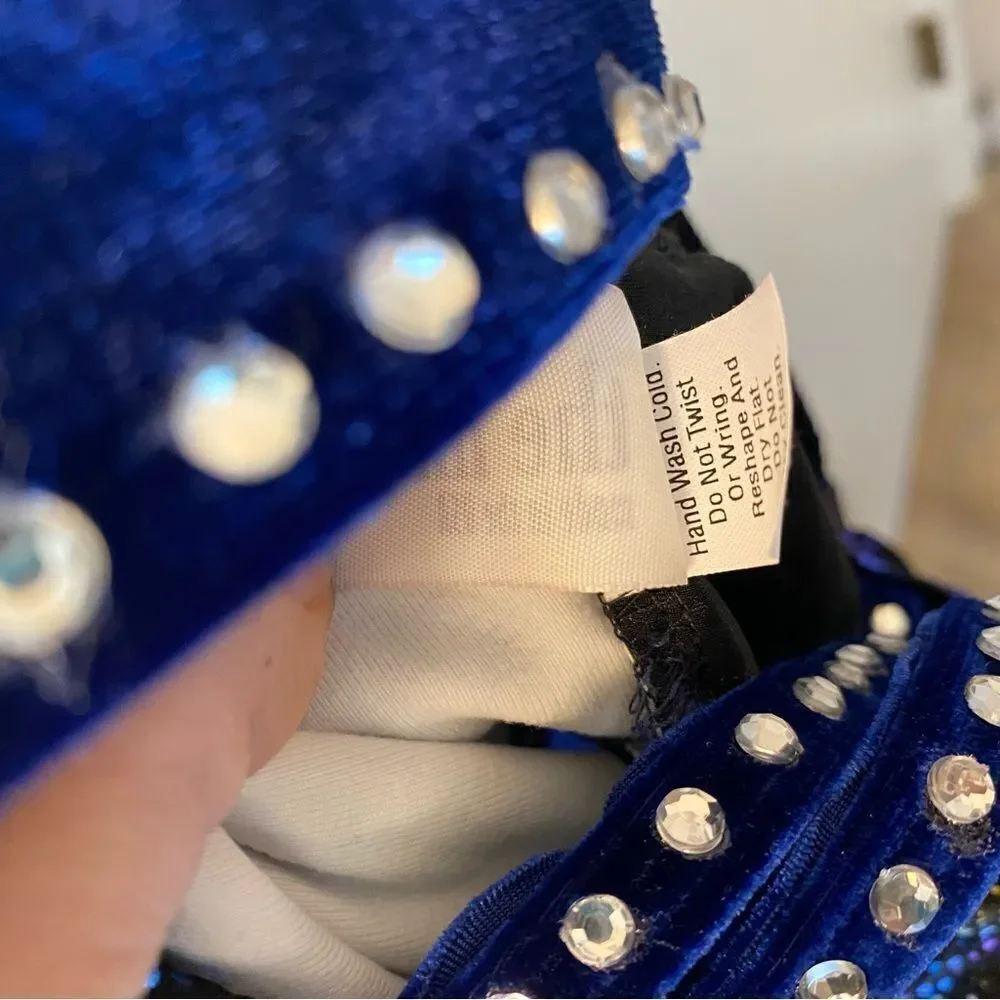The Line Up Dance Costume unitard blue velvet rhinestone wide leg retro MC 10